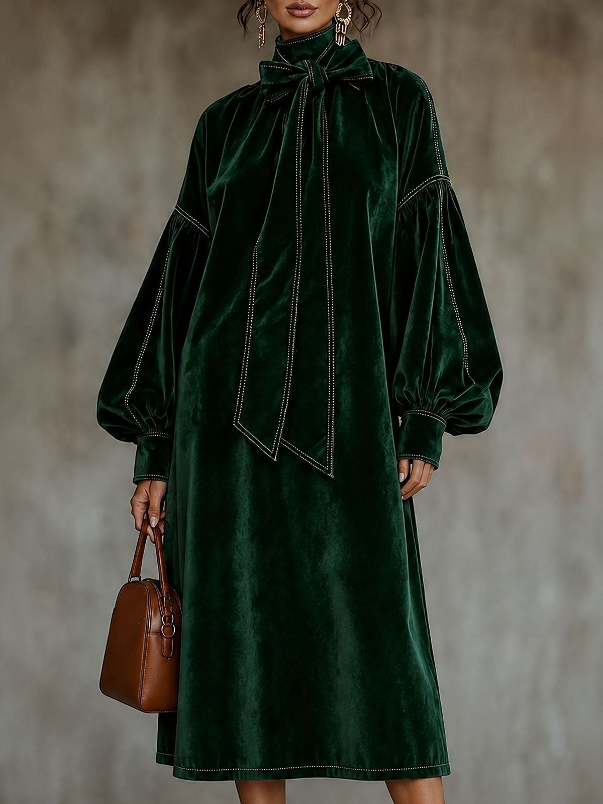 Velvet Midi Dress With Bow Detail And Lantern Sleeves - Green / XS(2) - Midi Dresses