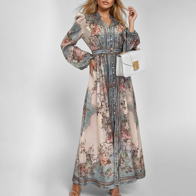 Vintage Floral Print Ruffled V?Neck Button?Front Maxi Dress