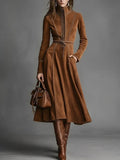 Women's Solid Brown Suede Zip?Front Belted Long?Sleeve Midi Dress