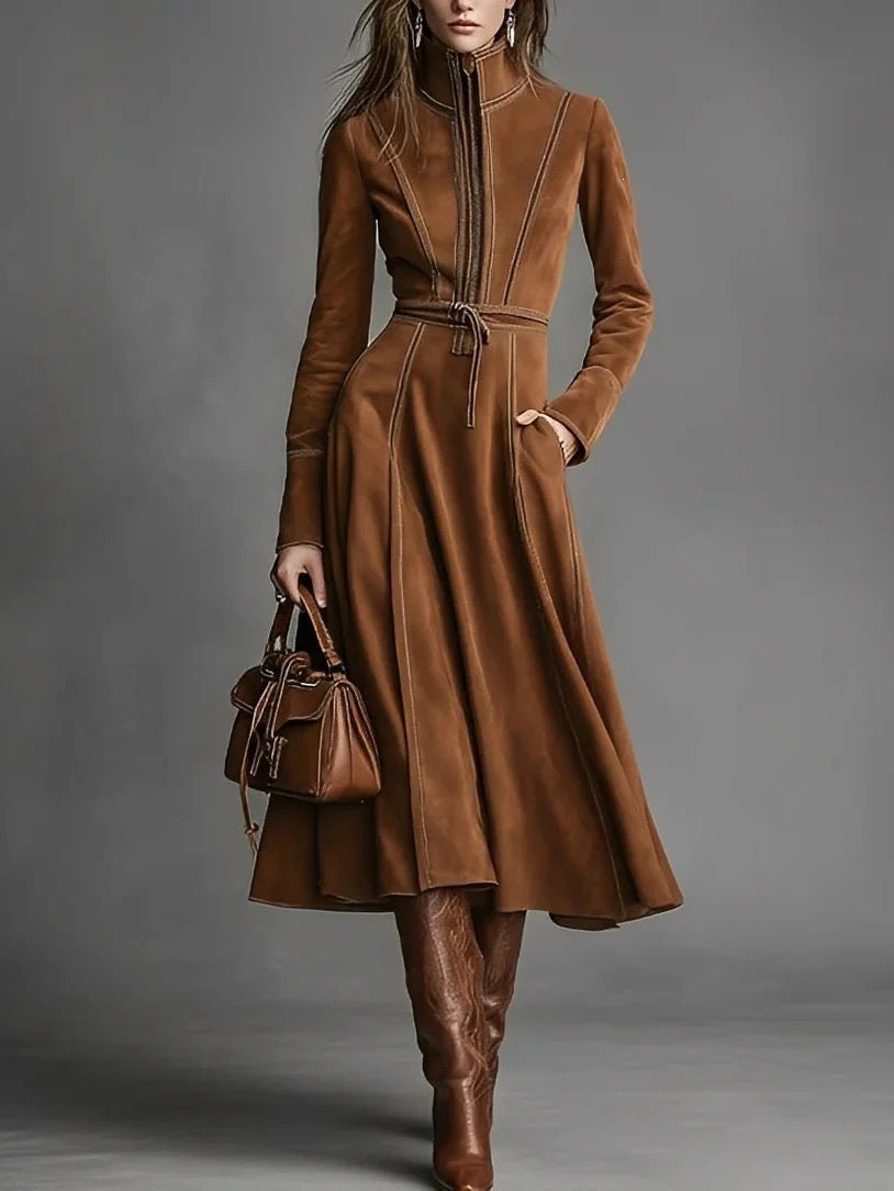 Women's Solid Brown Suede Zip?Front Belted Long?Sleeve Midi Dress