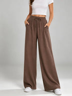 Women's Solid Drawstring Elastic Waist Wide Leg Flowy Long Pants with Pockets