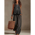 Cotton linen 2 Piece Set: Sleeveless Ruffle Tank Top & Drawstring Wide Leg Pants