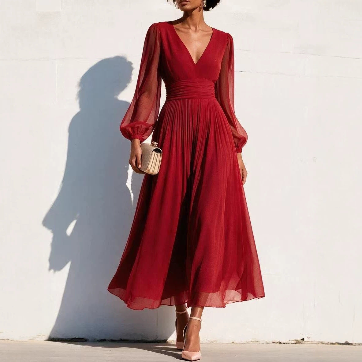 Pleated Chiffon Midi Dress with Balloon Sleeves
