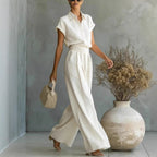 Cap Sleeve Collared Shirt & High Waist Wide Leg Pants Two Piece Set