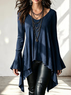 V-Neck Flare Long Sleeve Irregular Hem Tunic Top