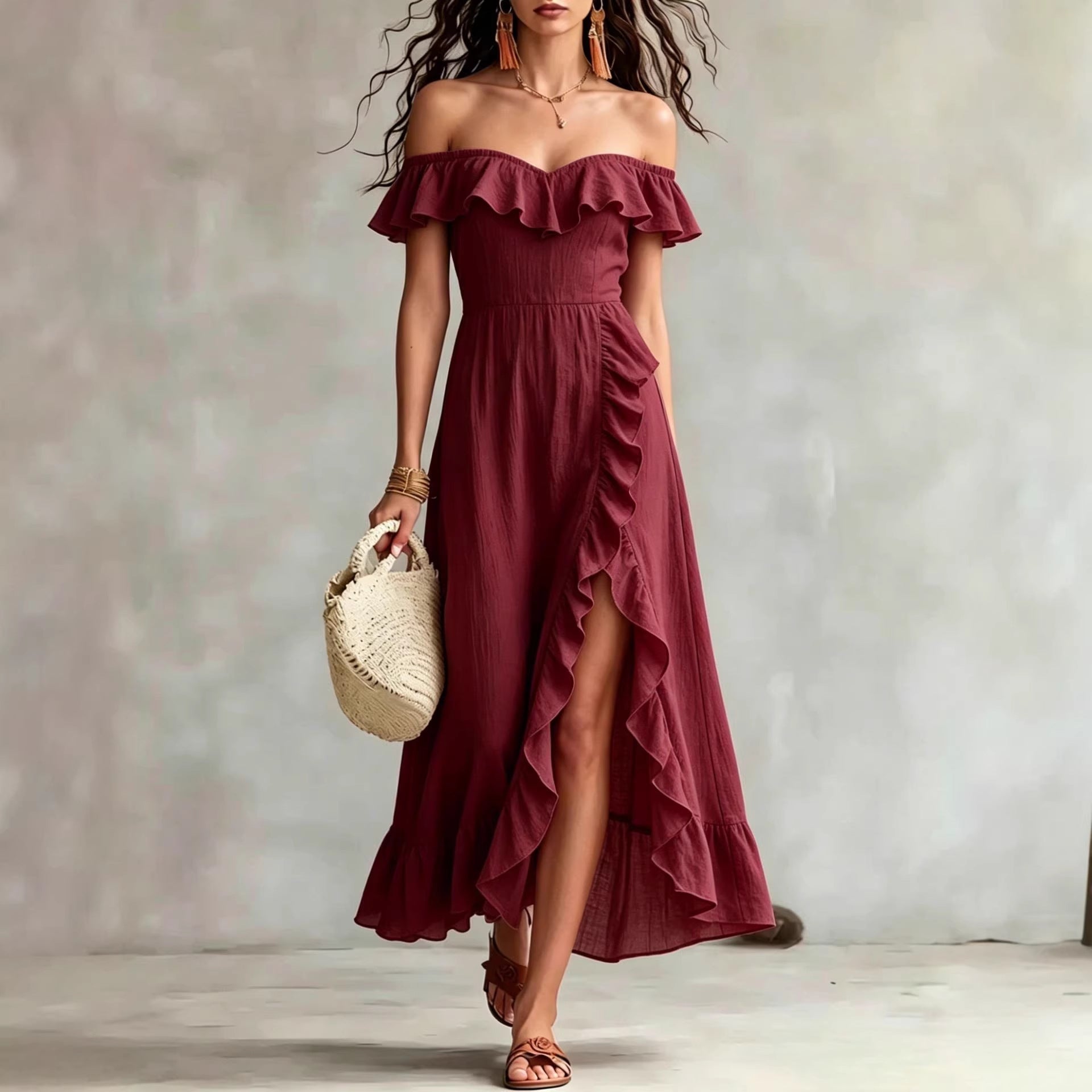 Women's Summer Cotton Off Shoulder Ruffled Ruched Flowy Maxi Dress