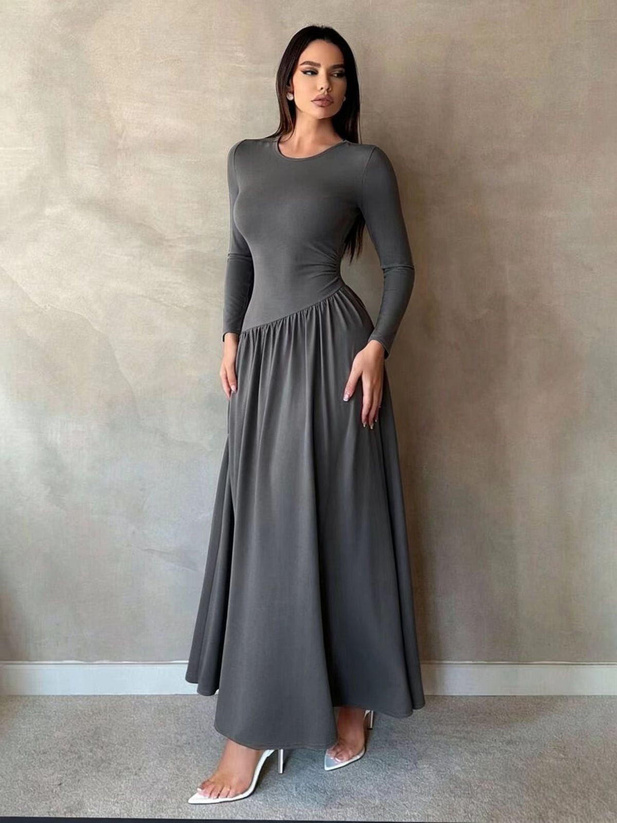 Ruched Waist Long Sleeve Maxi Dress
