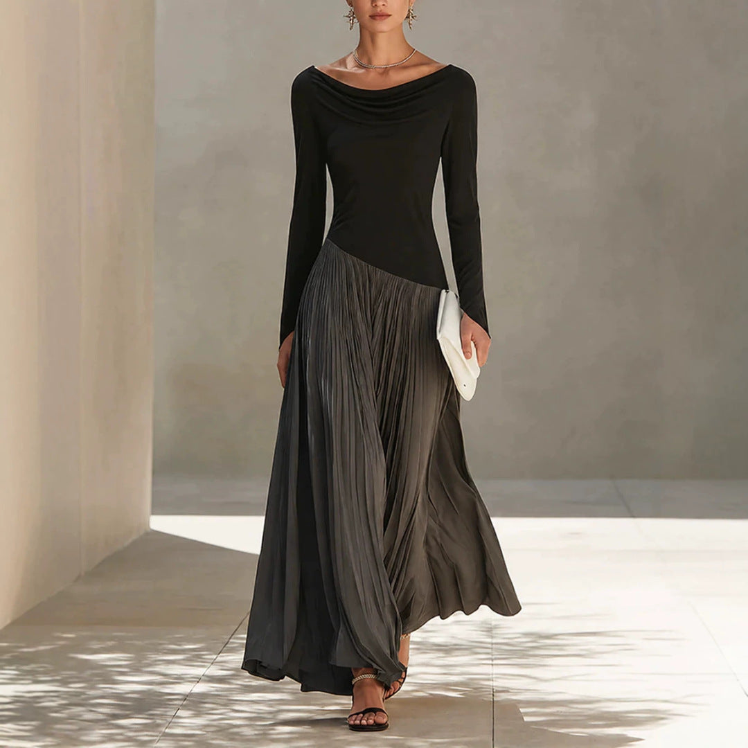 Women's Minimalist Two-Tone Color-Block Maxi Dress With Drape Neckline
