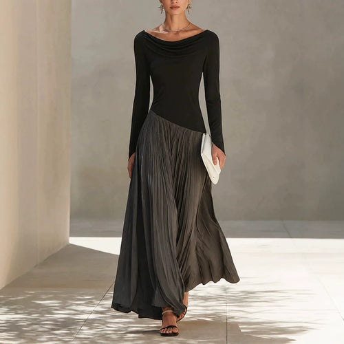 Women's Minimalist Two-Tone Color-Block Maxi Dress With Drape Neckline