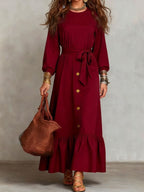 Button?Front Tie?Waist Tiered Ruffle Maxi Dress