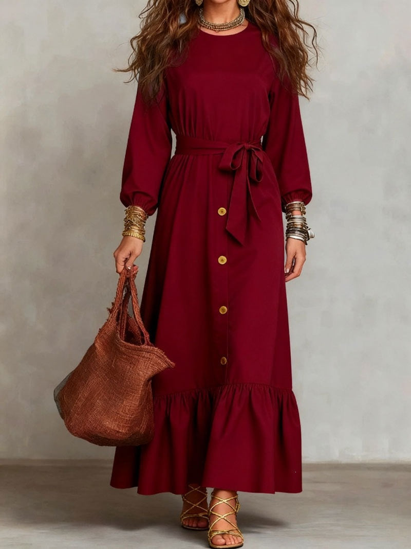 Button?Front Tie?Waist Tiered Ruffle Maxi Dress