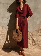 Linen?Blend Belted Button?Front Collared Midi Shirt Dress