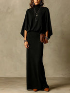 Women's Grey Ribbed Turtleneck Batwing Top & High Waist Maxi Skirt Two Piece Set