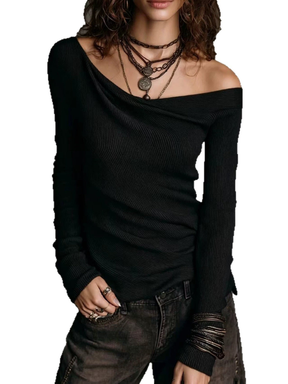 Vintage Elegant Knitted Off-the-shoulder Shirt
