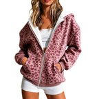 Leopard Print Zip Up Hooded Fleece Jacket for Women