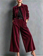 Corduroy Lapel Crop Jacket & High Waist Wide Leg Pants 2 Piece Outfit