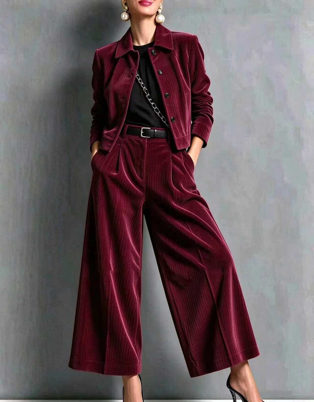Corduroy Lapel Crop Jacket & High Waist Wide Leg Pants 2 Piece Outfit