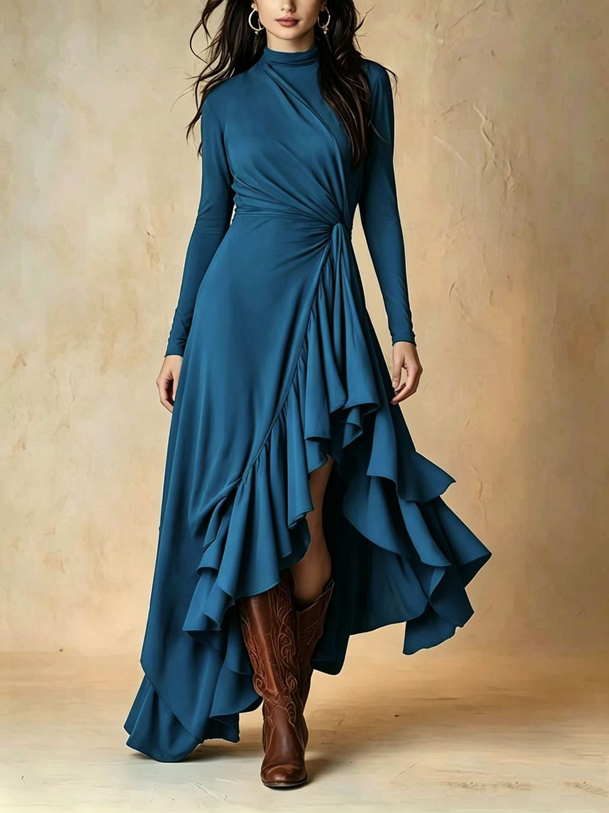 Mock Neck Wrap Dress with Asymmetric Ruffle Hem