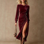 Velvet Ruched Side?Slit Long?Sleeve Midi Dress