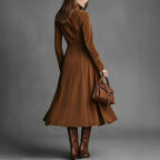 Women's Solid Brown Suede Zip?Front Belted Long?Sleeve Midi Dress