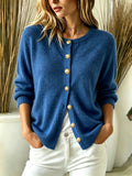 Crew Neck Gold?Button Ribbed Knit Cardigan