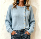 Women's Crew Neck Asymmetrical Button Long Sleeve Knit Sweater