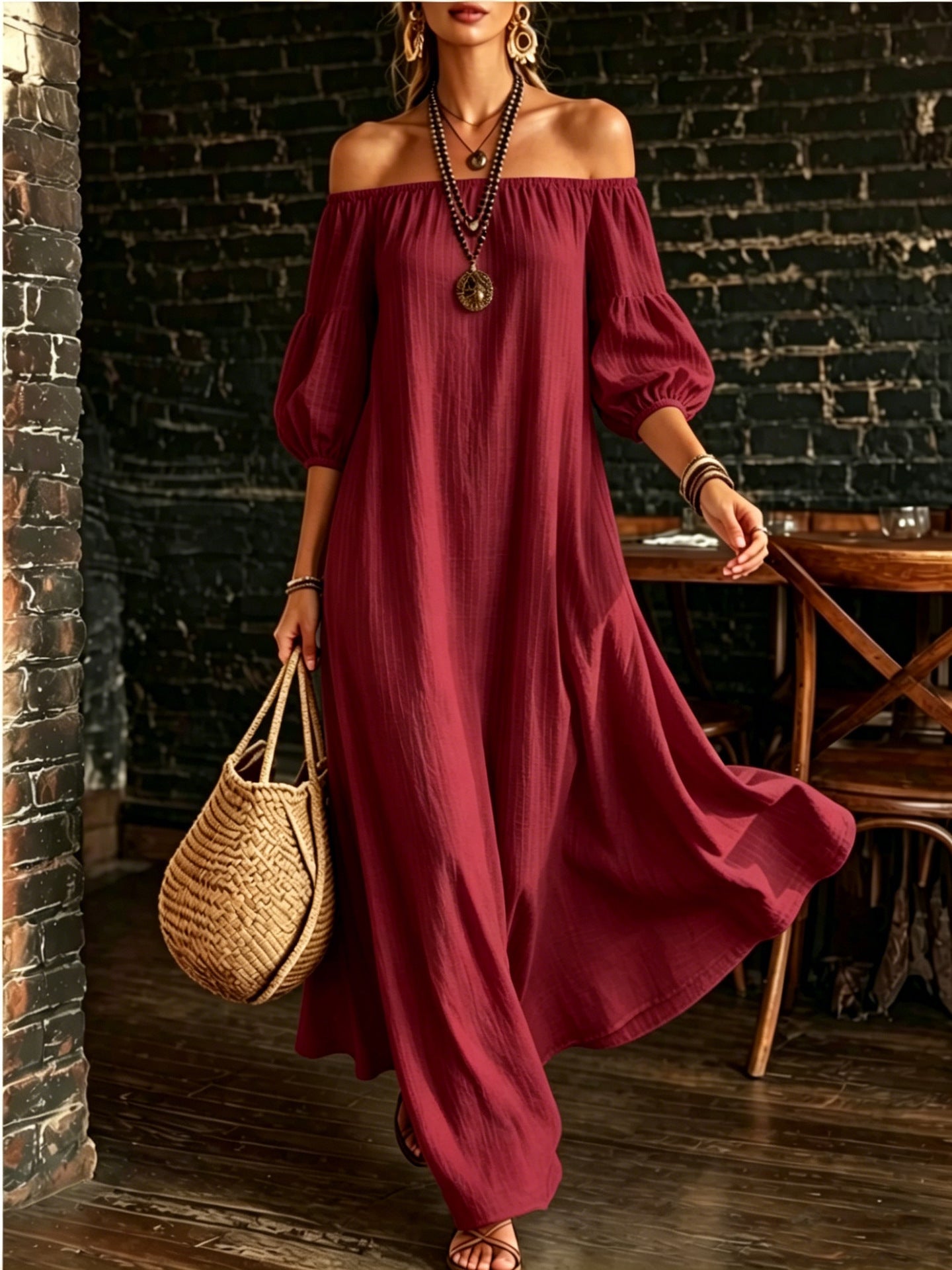White Off‑Shoulder Balloon Sleeve Flowy Maxi Dress