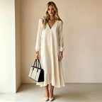 V?Neck Long?Sleeve Tiered Ruffle?Hem Midi Dress