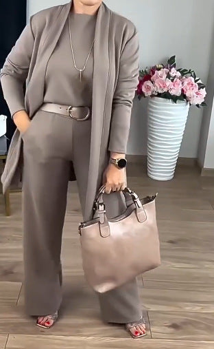 Women's Solid Color Round Neck Long-Sleeved 3-Piece Set