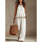 Cotton linen 2 Piece Set: Sleeveless Ruffle Tank Top & Drawstring Wide Leg Pants