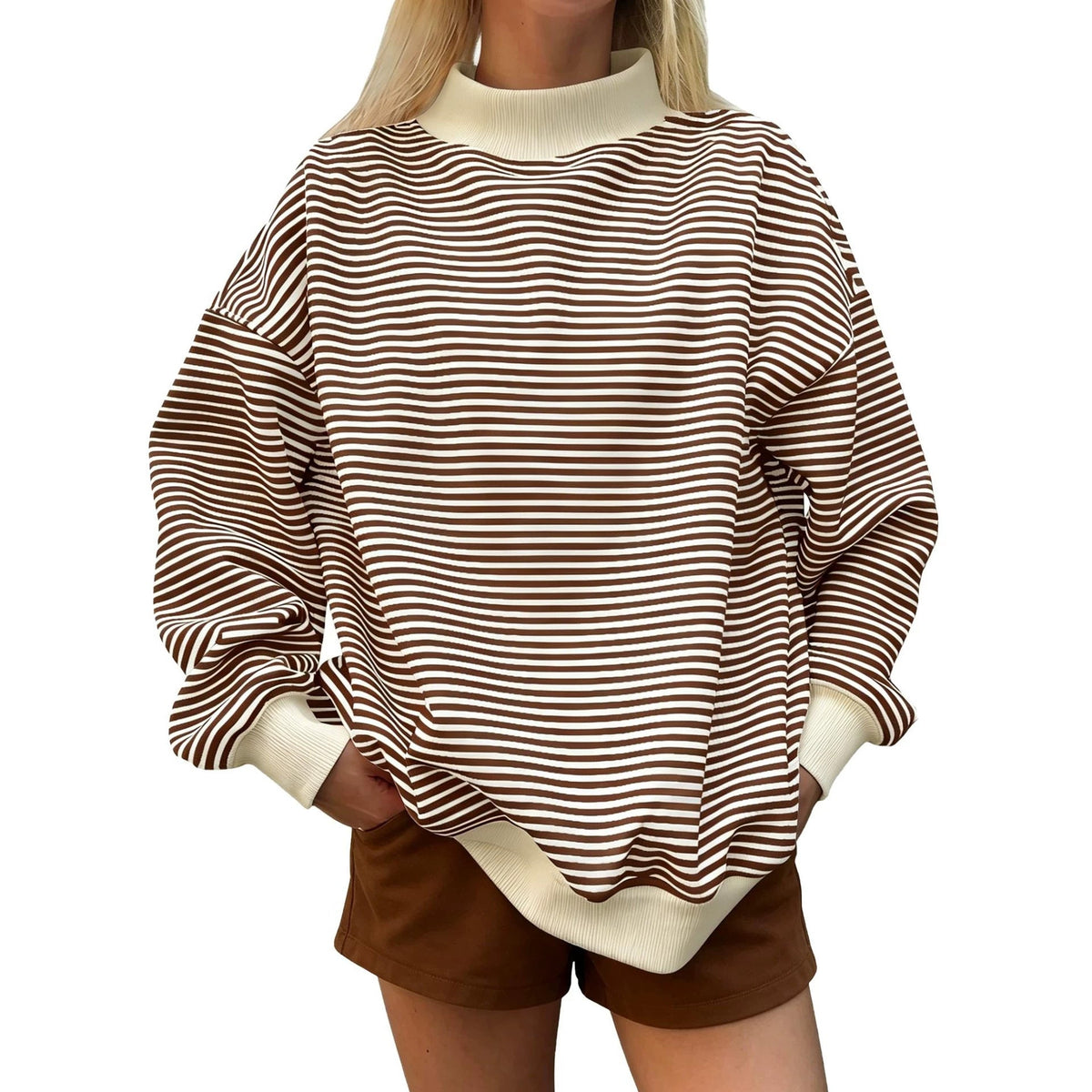 Oversized Striped Mock Neck Sweatshirt