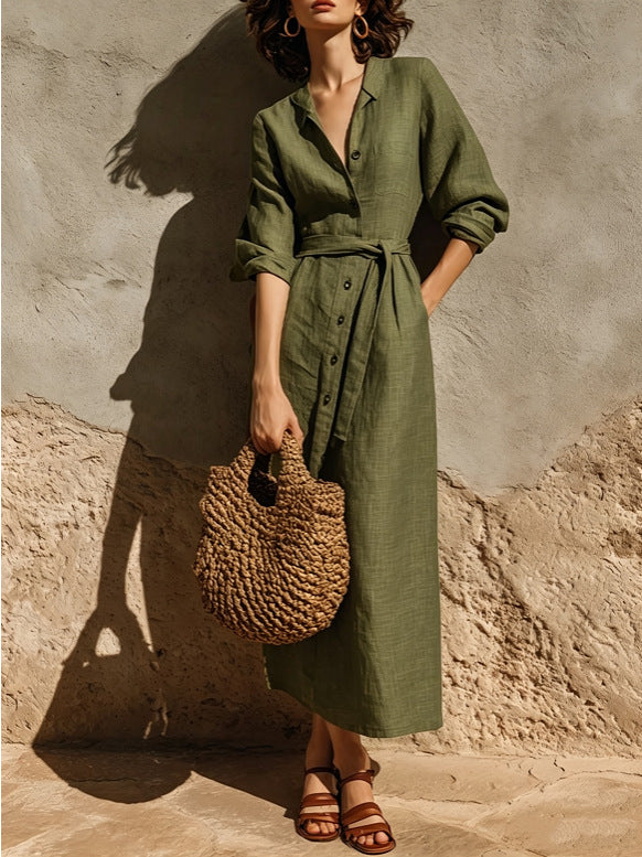 Linen?Blend Belted Button?Front Collared Midi Shirt Dress