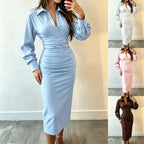 Collared Wrap V?Neck Ruched Waist Balloon Sleeve Bodycon Midi Shirt Dress