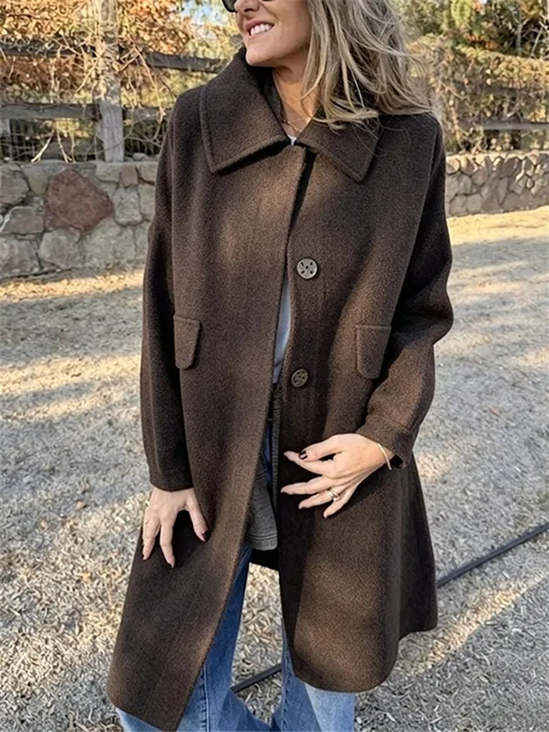 Casual Loose Single Breasted Wool Blend Midi Coat with Pockets