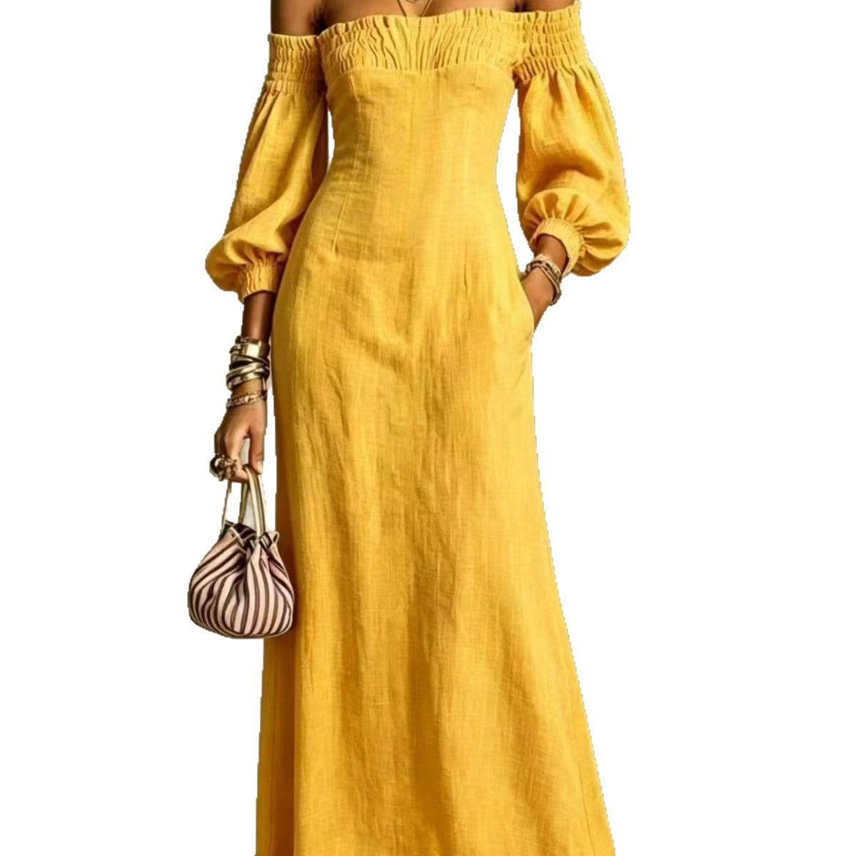 Off?The?Shoulder Puff?Sleeve Linen?Blend Maxi Dress