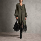 V‑Neck Lantern Sleeve Lace Trim Midi Knit Dress