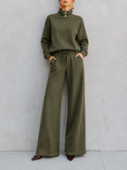 Mock?Neck Button?Detail Sweatshirt & Wide?Leg Drawstring Pants Two?Piece Set - army green / S