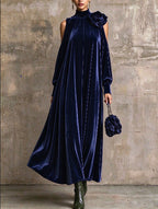 Women's High Neck Cold Shoulder Velvet Maxi Dress With 3D Flower Decoration