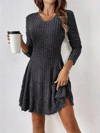 Ribbed Knit V‑Neck Long‑Sleeve Flared Mini Dress