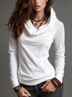 Women Cowl Neck Hooded Sweatshirt Asymmetric Button Long Sleeve Slim Fit Hoodie