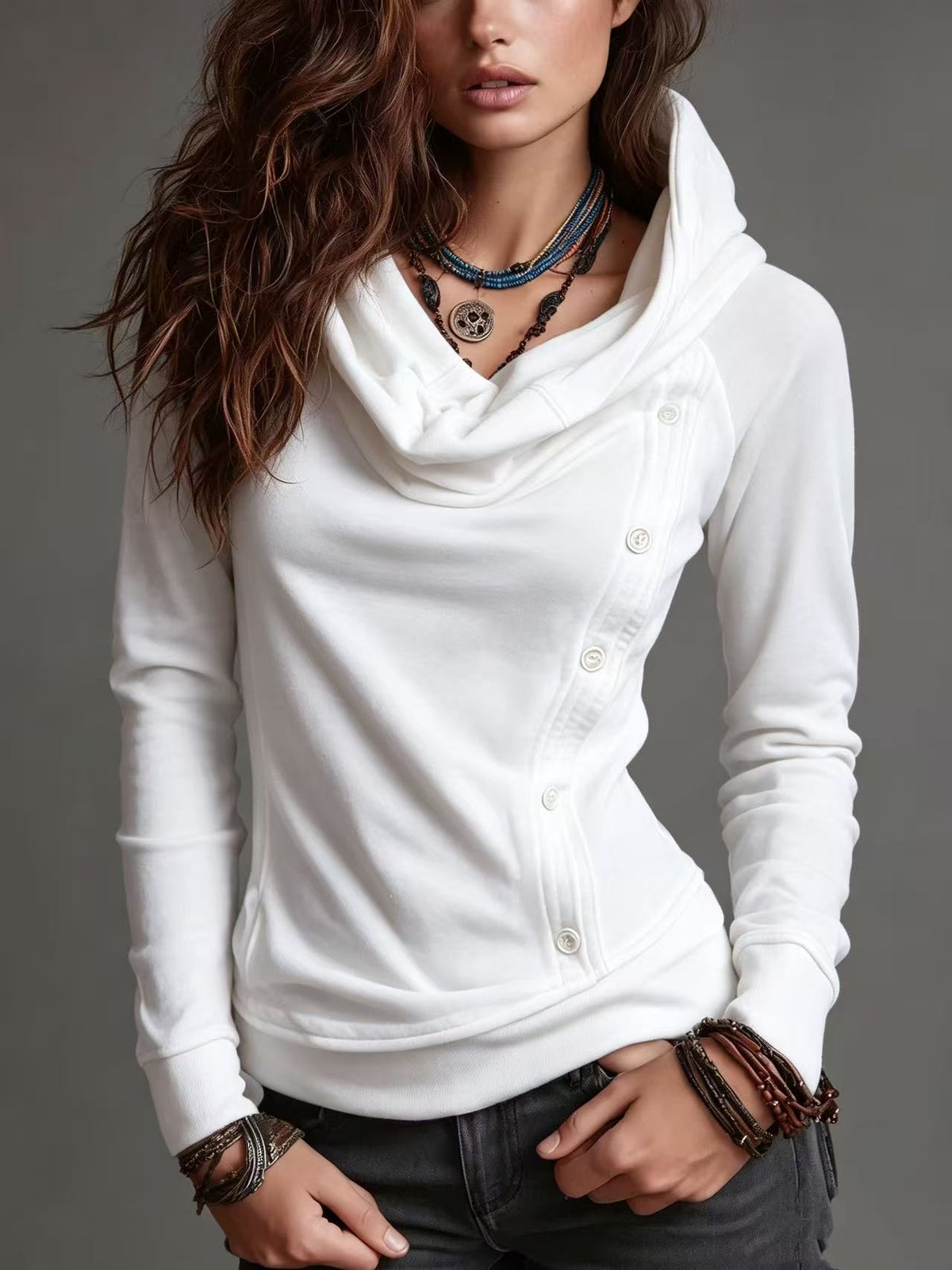 Women Cowl Neck Hooded Sweatshirt Asymmetric Button Long Sleeve Slim Fit Hoodie