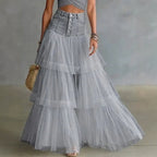 High Waist Button‑Front Denim Patchwork Tiered Tulle Maxi Skirt