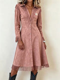 Western Suede?Effect Fringe Button?Front Midi Dress - lotus?root color / S