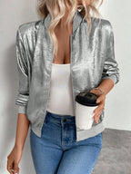 Shiny Metallic Zip‑Up Cropped Bomber Jacket For Party Daily Street Wear
