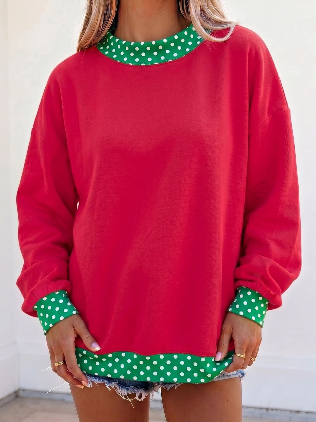 Oversized Sweatshirt with Polka Dot Trim