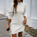 Turtleneck Pearl?Embellished Puff?Sleeve Knit Mini Dress