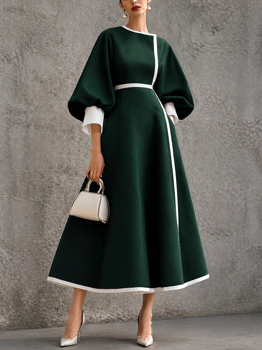 Women¡¯s Solid Navy Contrast?Trim Balloon?Sleeve Belted Maxi Dress - Green / S