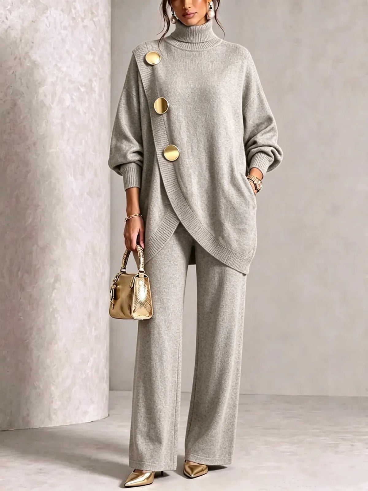 Turtleneck Gold?Button Asymmetric Knit Tunic & Wide-Leg Pants Two-Piece Set