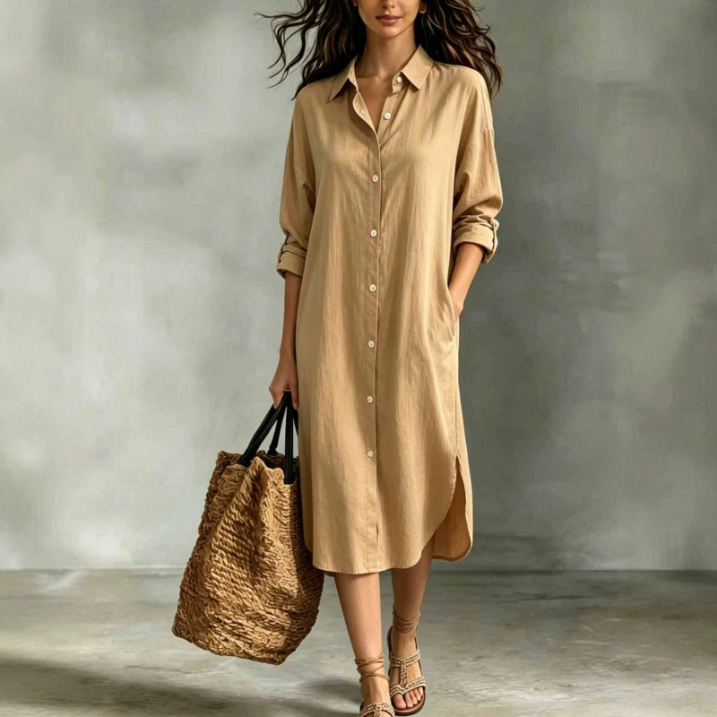 Oversized Linen?Blend Shirt Midi Dress