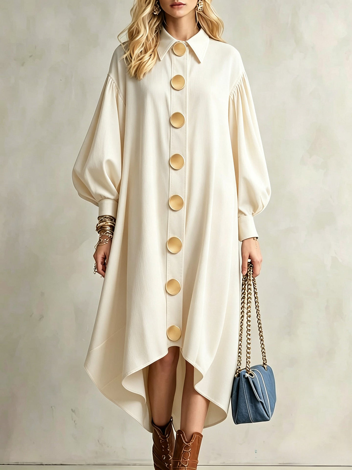 Balloon Sleeve Shirt Dress with Asymmetrical Hem